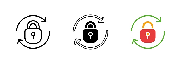 A lock with an icon of recycling, representing secure recycling or environmentally-friendly practices. Vector set of icons in line, black and colorful styles isolated.