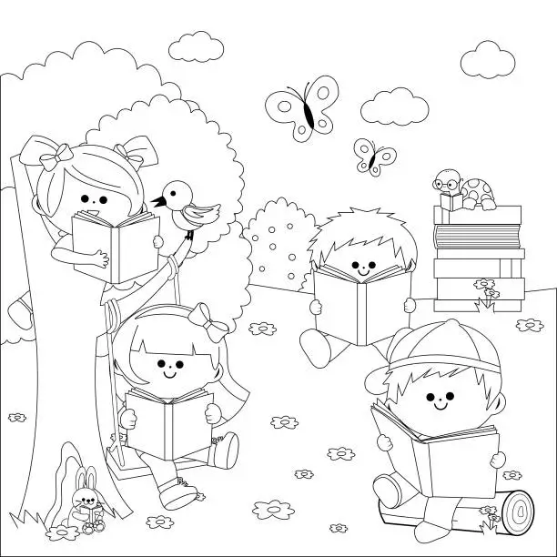 Vector illustration of Happy children reading books in nature. Vector black and white coloring page.