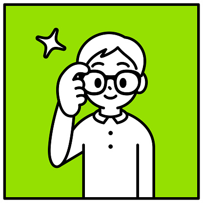 Minimalist Style Characters Designs Vector Art Illustration.
A boy adjusting or pushing his Horn-rimmed glasses, looking at the viewer, minimalist style, black and white outline.