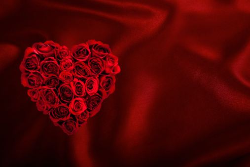 Valentines Day Rose Heart. On a red silk satin background.