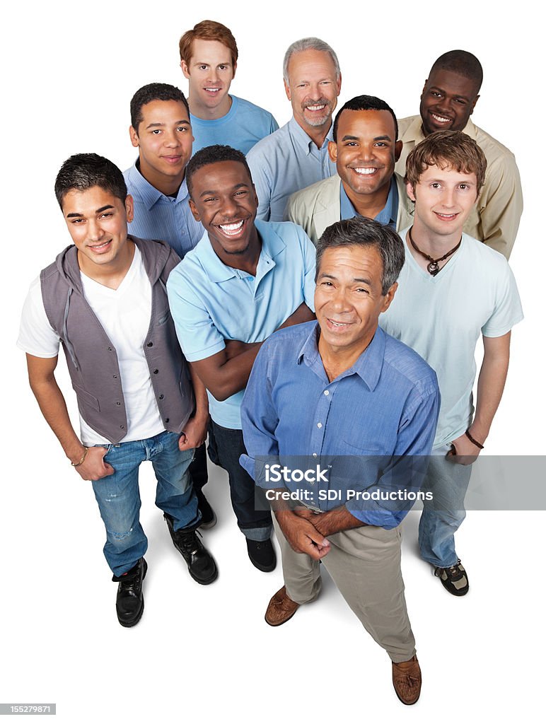 Feliz grupo de adulto homem olhando para cima, Isolado no branco - Foto de stock de Só Homens royalty-free