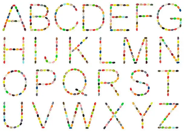 Alphabet made from jellybeans, isolated on white. Composite file containing 26 full-sized letters. The same color is never used twice within a letter. Each letter was made from scratch (that is, E & F, O & Q, etc., look entirely different).