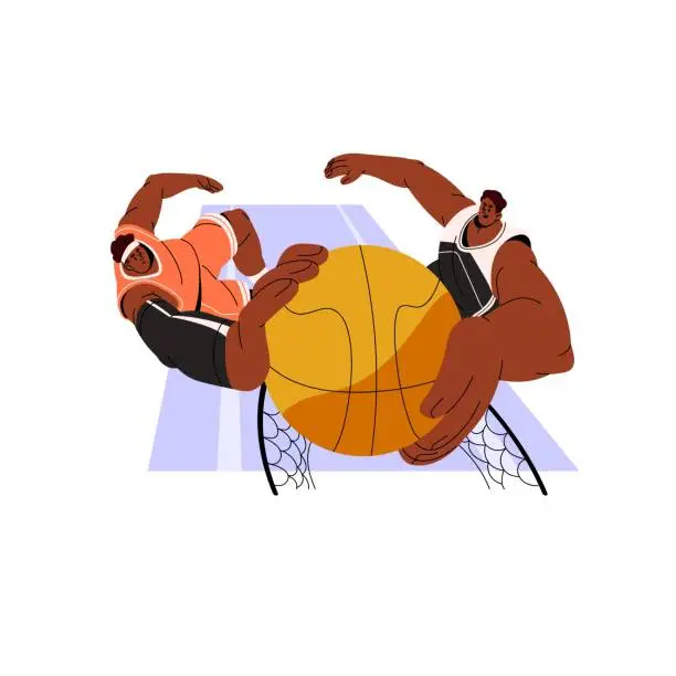 Vector illustration of Basketball players, rivals at competition, tournament. Athletes struggling, throwing ball into basket. Sport game championship, contest. Flat graphic vector illustration isolated on white background