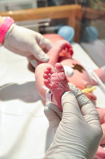 Nurse Examining newborn baby's foot. stock photo