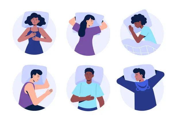 Vector illustration of Set of sleeping characters. Women and men lie in various poses. Sleep on your back, side, and stomach. Top view. Vector illustrations in flat style.