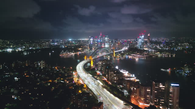 4K Aerial view Real time Footage of above Sydney Harbour Bridge, Circular Quay,Opera House and Sydney Daring Habor Office and Luxury Building group at night time