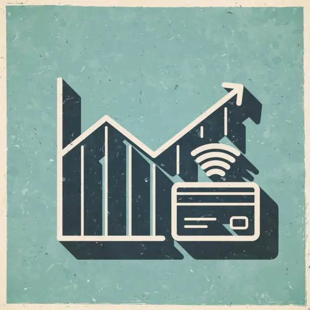 Vector illustration of Chart of increased contactless payment. Icon in retro vintage style - Old textured paper