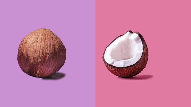 Stop motion Cut and whole Coconut appear and disappear on pastel background.