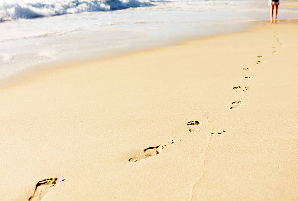 istock Single row of footprints on beach leading to distant person 155282120