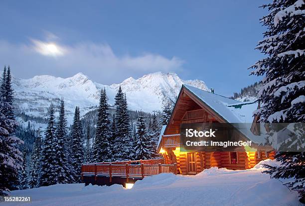 Mountain Lodge In Winter Stock Photo - Download Image Now - Log Cabin, Snow, Winter