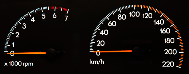 Speedometer displaying 0 kmh & Tachometer displaying 0 RPM