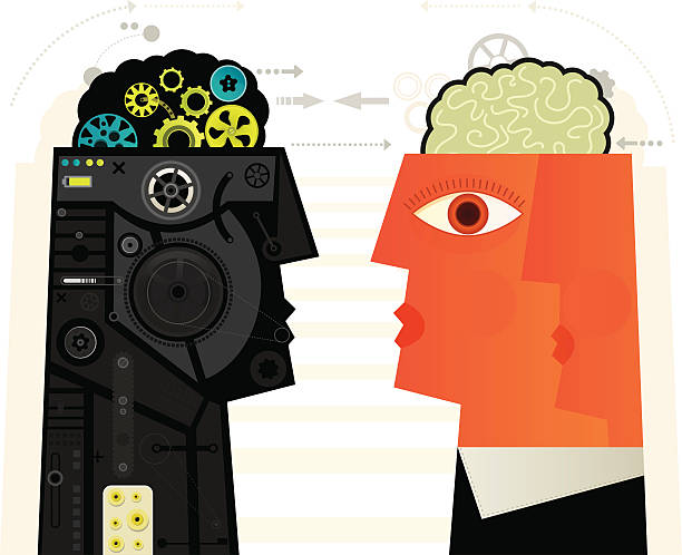 Human VS Machine Face to Face: Human Intelligence VS. Artificial Intelligence artificial intelligence human stock illustrations