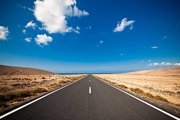 istock Long road in the desert heading into a blue sky 155282789