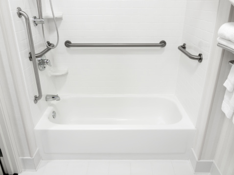 Handicapped disabled access bathroom bathtub with grab bars.