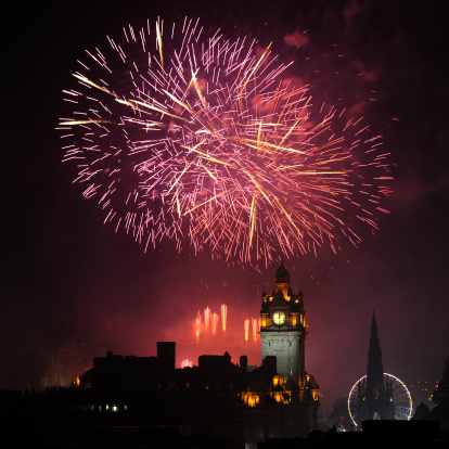 Fireworks above the city of Edinburgh to celebrate New Year. Viewed from Calton Hill.