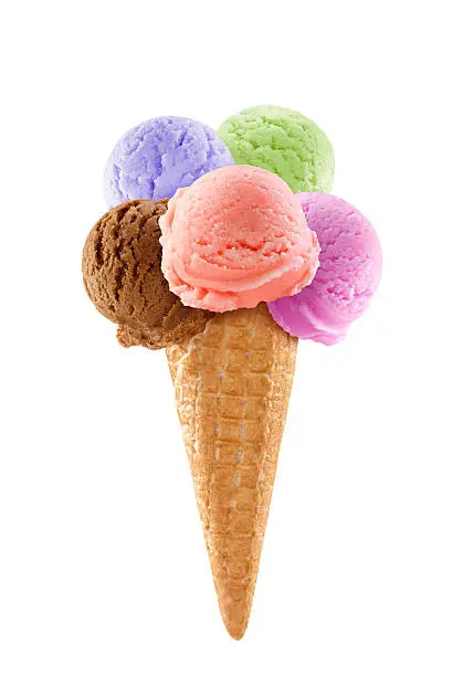 5 different flavour ice creams with cone on white background, also different from each other, not variation.