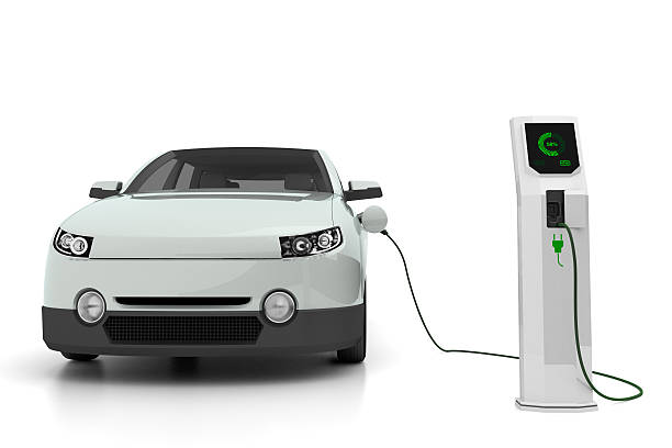 Electric car plugged into the charging station stock photo