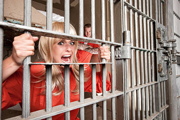 Terrified Female Inmate Screams For Help  prison lockdown stock pictures, royalty-free photos & images