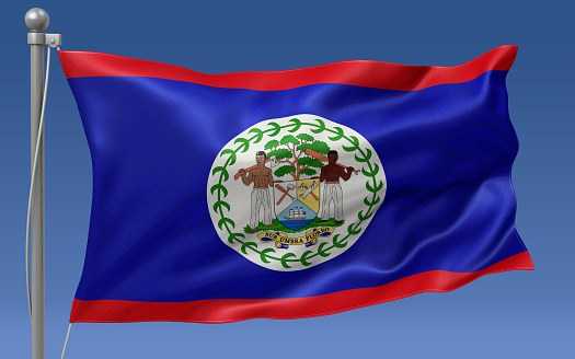 Belize flag waving on the flagpole on a sky background