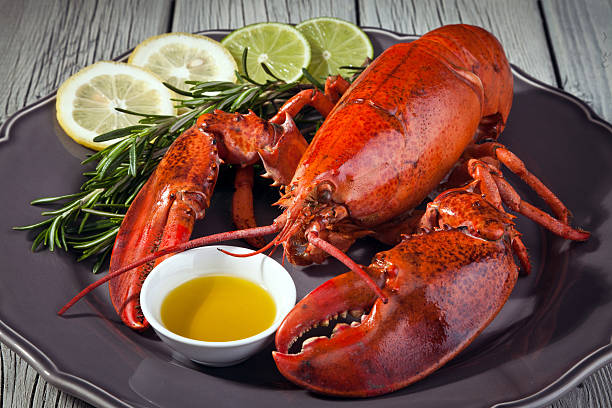 Lobster Cooked lobster on plate with lemon and tarragon. tarragon horizontal color image photography stock pictures, royalty-free photos & images