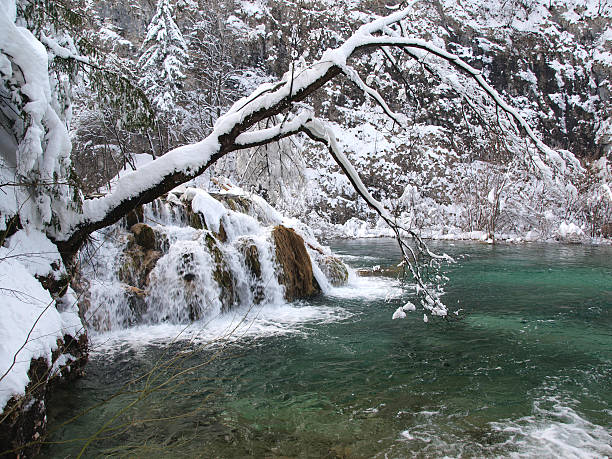 lago alpino no inverno tempo - plitvice lakes national park croatia winter sparse - fotografias e filmes do acervo