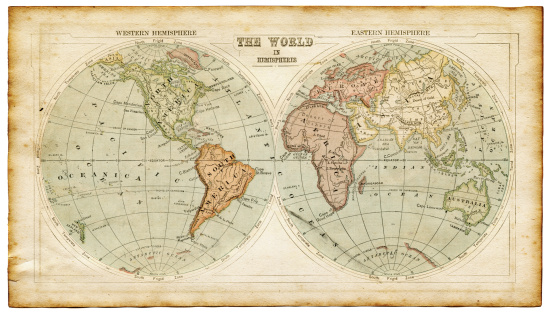 old worn map - the world in hemispheres 1875