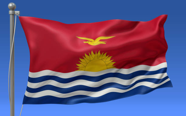 Kiribati flag waving on the flagpole on a sky background