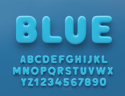 3D Blue alphabet with numbers with a glossy surface on a blue background