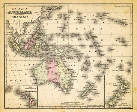 old map of australia, malaysia and polynesia - 1883