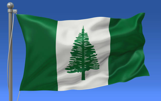 Norfolk Island flag on the flagpole Norfolk Island flag waving on the flagpole on a sky background araucaria heterophylla stock pictures, royalty-free photos & images