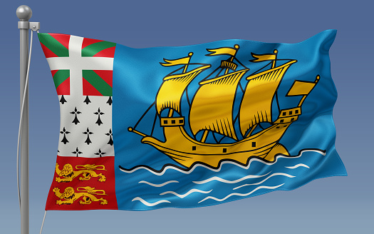 Saint Pierre and Miquelon flag waving on the flagpole on a sky background