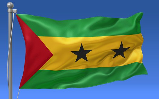 Sao Tome and Principe flag waving on the flagpole on a sky background