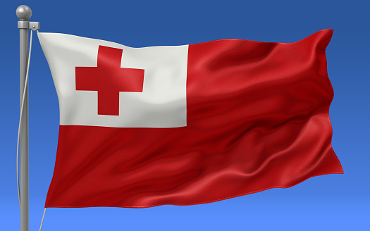 Tonga flag waving on the flagpole on a sky background