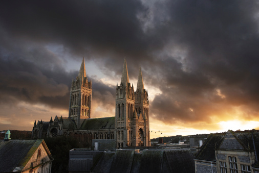 a dramatic scene of Truro cathedral at sunset