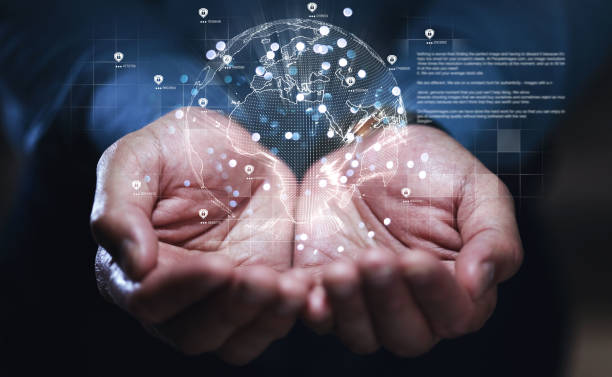 istock Hands, global network and future technology hologram for communication, networking or ai. Earth, globe or 3d virtual world for cyber security, cloud computing or innovation in digital data hacking 1552847862
