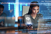 Laptop, phone and hologram of woman for data protection, safety software development or cybersecurity programming. Night, mobile research and programmer or person on computer, lock and gdpr overlay