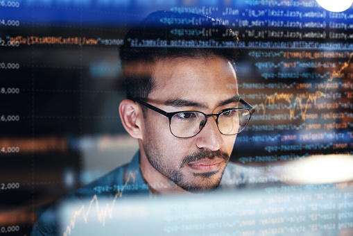 Asian Man Face And Programming At Night With Code Overlay Or Dashboard ...
