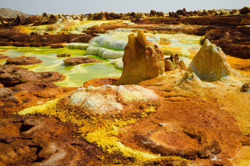 Dallol is a volcanic explosion crater in the Danakil Depression, Ethiopia