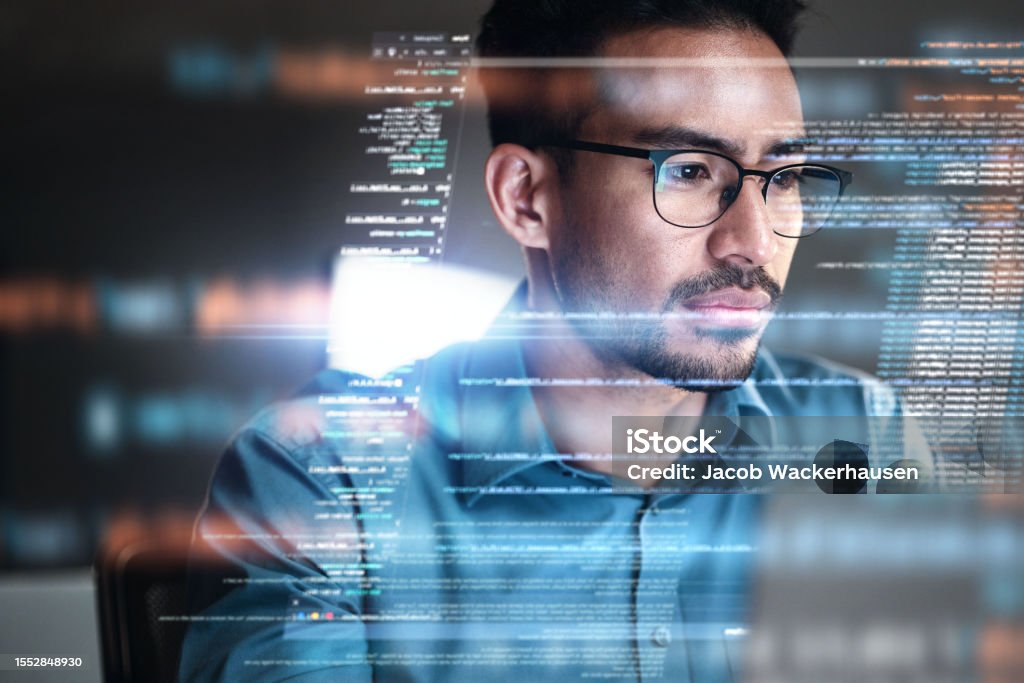 Programmer Coding And Man With Focus Hologram And Data Analytics With ...