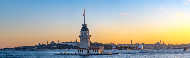 Istanbul, Turkey : July 17, 2023: Kiz Kulesi to Bosphorus in day, Istanbul, Turkey