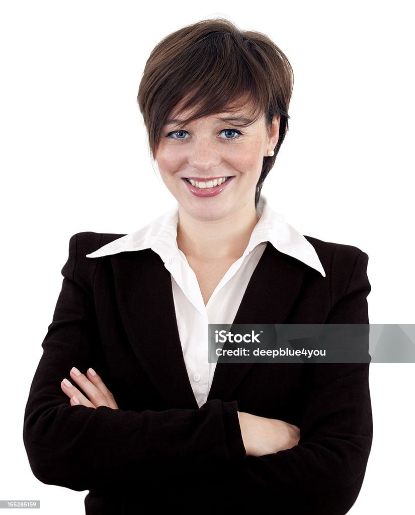 若いビジネス女性クロス腕の立つアゲインストホワイト - 不動産業者のロイヤリティフリーストックフォト
