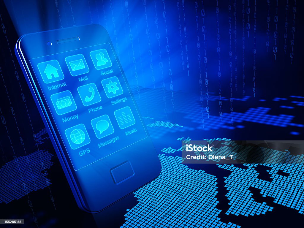 A photo of a cell phone with a blue light shining from it Concept of global communication, Europe. 3D render of mobile phone Smart Phone Stock Photo