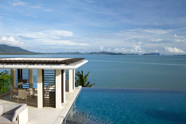 istock Tropical villa swimming pool facing the sea 155285256