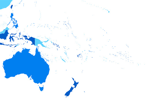 High detailed Oceania Blue map with Regions and national borders of Australia, New Zealand, Hawaii, Papua New Guinea, Indonesia, Solomon Islands, Kiribati, Tonga, French Polynesia, Marshall Islands, Philippines, Malaysia
