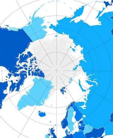High detailed Arctic Region Blue map with National borders of Canada, USA, Russia, Greenland, Norway, Sweden, Finland, United Kingdom, Ireland, Iceland, Japan