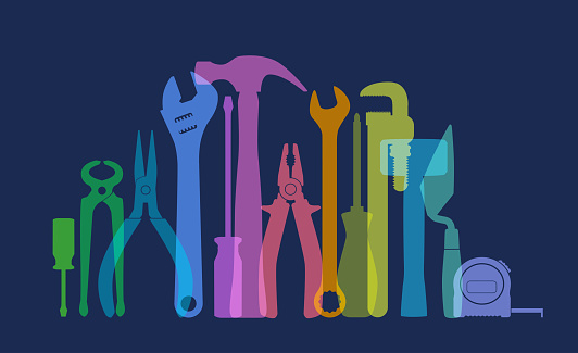 Colourful overlapping silhouettes of tools. construction, home improvement,  repair, plumber, tools, hand tools, tool kit, hammer, club hammer, claw hammer, saw, hack saw, tenon saw, pincers,