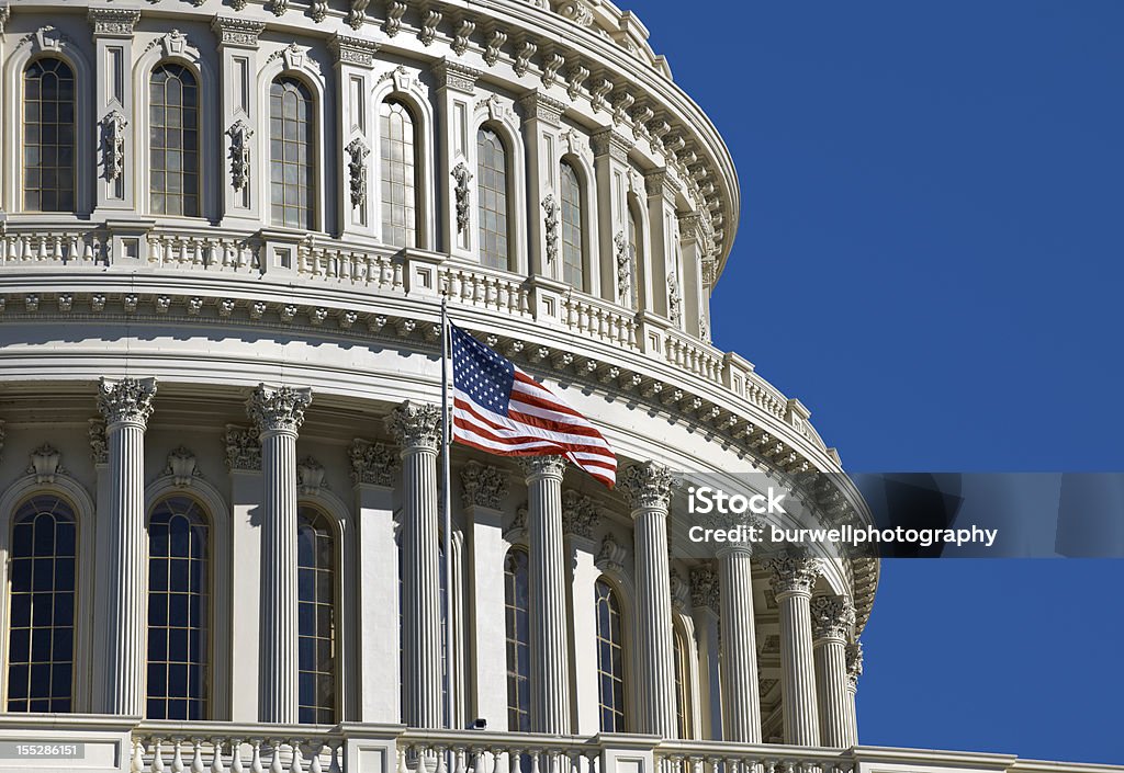 United States Capitol Dome in Washington DC  American Flag Stock Photo