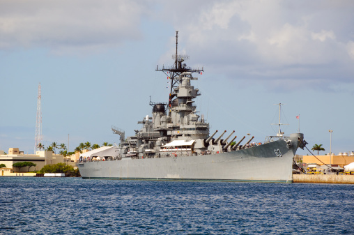 Battleship Missouri located in Pearl Harbor, Hawaii. An Iowa class battleship which is perhaps most famous for hosting the signing ceremony for the Japanese surrender in September 1945, today it is a museum ship in Pearl Harbor.