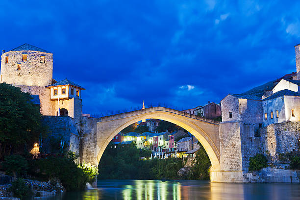 Mostar, Bosnia and Hercegovina The Famous Bridge In Mostar, Bosnia At Night From Ground Level stari most mostar stock pictures, royalty-free photos & images