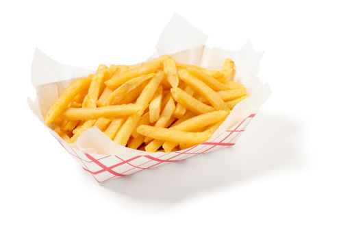 Fries isolated on a white background, larger files include clipping path.  Exported at 16 bit, color corrected and retouched for maximum image quality.